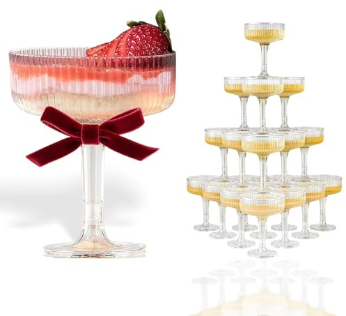 JUUJCH 20 Pack Champagne Tower Plastic，Stackable Ribbed Champagne Tower，Crystal Clear for Weddings, Parties & Graduations, Easy to Clean & Store, Outdoor/Indoor Use