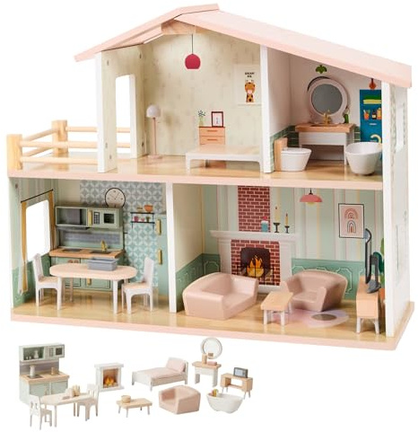 Holzpuppenhaus – Holz-Puppenhaus mit Möbeln, Buntes Spielhaus für Kinder, 20 Stück, Robustes Holzspielzeug ab 3 Jahren, Puppenheim für kreative Rollenspiele