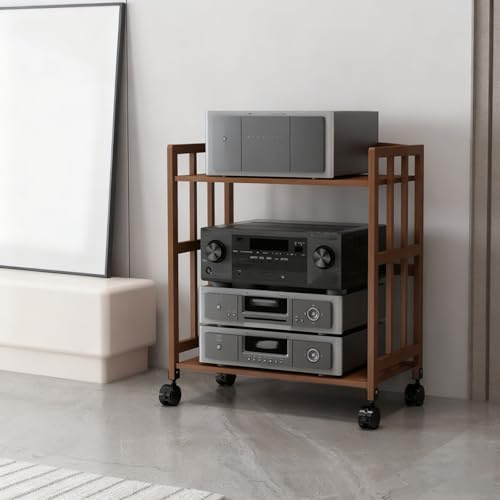 AV-Mediaskåp med Rottingdörrar och Justerbara Hyllor, Mediaskåp i Bambu, Justerbara Hyllor Stereoförvaring, Hi-Fi-Förvaring för Stereoutrustning(A,70CM/27.5IN_50CM/19.6IN)