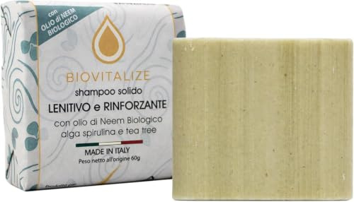 Biovitalize Shampoo Solido Lenitivo Rinforzante, coadiuvante Antiforfora, Plastic Free, 60g con Tea Tree, Neem e Spirulina, Sebo-Regolatore per Capelli Grassi, Uomo e Donna