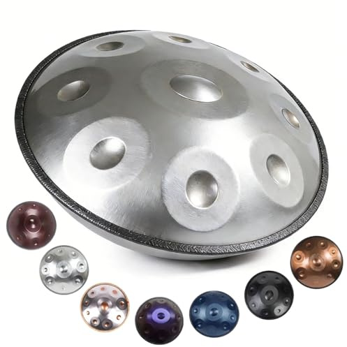 Handpan Drum 9 Töne 10 Töne 12 Töne für Anfänger Hand Pan Drum 22 Zoll für Meditation Steel Handpan 440HZ/432HZ D Minor für Klangheilung mit Soft Bag Mallets Ständer(Silver,440HZ/10 Note)