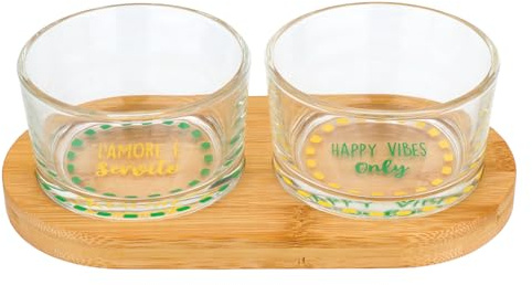 KASANOVA Set 2 ciotoline vetro con vassoio legno Color Bloom