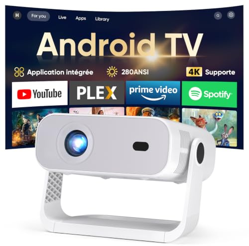 Videoprojecteur Intelligent Applications Intégrées, Rétroprojecteur 1080P Supporte 4K, WiFi 6 Bluetooth 5.2, 280 ANSI, Correction Trapézoïdale Automatique Focus Électronique, pour Android iOS HDMI