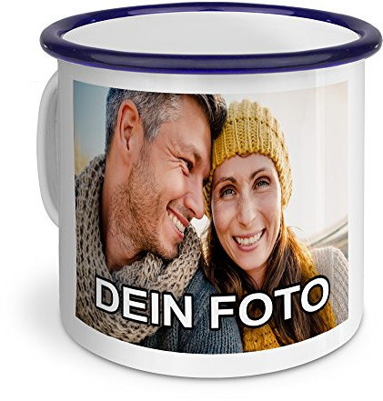 PhotoFancy – Emaille-Tasse mit Foto Bedrucken Lassen – Blechtasse Personalisieren – Nostalgie-Becher selbst gestalten (Groß [400 ml], weiß mit blauem Mundrand)