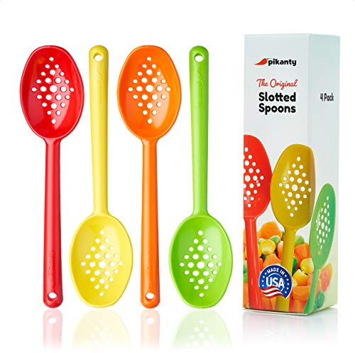 Olive and Pickle Spoon Set of 4-7 Inch Small Slotted Serving Spoons for Jars, Perfect for Olives, Pickles, Capers, Pickled Beets, Pepperoncini, Cherries, Dishwasher Safe, Made in USA by Pikanty