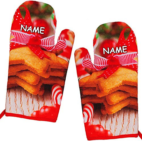 alles-meine.de GmbH 2 TLG. Set - Topfhandschuhe/Ofenhandschuhe/Grillhandschuhe - Plätzchen - Weihnachten - inkl. Name - hitzebeständig - mit extra Langen Schaft/Topflappen ..
