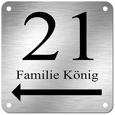 Edelstahl Hausnummer Namensschild Hinweisschild mit Pfeil und individueller Laser-Gravur * Modell 21 (200 mm x 200 mm)