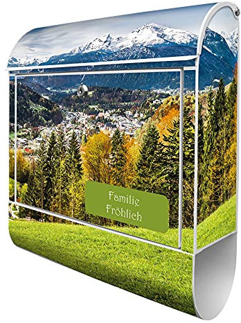 banjado Design Briefkasten mit Zeitungsfach 38,5 x 46,5 x 13cm / Postkasten mit Zeitungsrolle/Stahl Briefkasten bunt/Wandbriefkasten A4 Einwurf, Montagematerial, 2 Schlüssel – Berchtesgadener Land
