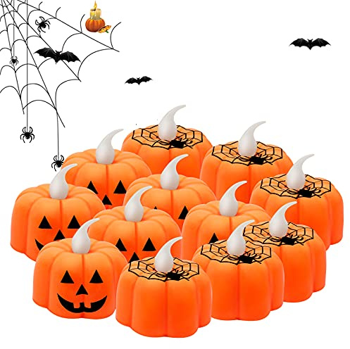 JYPS 12PCS Halloween Bougies Led, Bougies Chauffe-Plat Citrouille, Decoration Halloween Led,Citrouille Lumineuse, Fausse Bougie Halloween,Citrouille de Décoration pour Intérieur/Extérieur/Fête