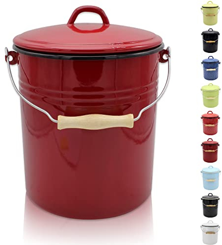 Krüger Emaille Mülleimer Rot 10 L | Abfalleimer mit Deckel & Holzgriff | PFAS-frei | Schnitt- & kratzfeste Oberfläche | Leicht zu reinigen | Vielseitig verwendbar | Für Küche & Haushalt