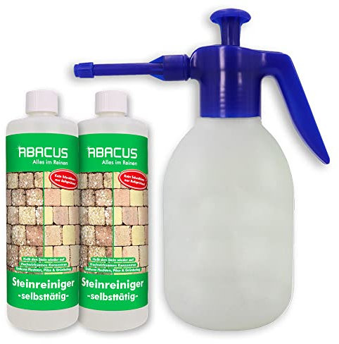 ABACUS® Steinreiniger Set, selbsttätiger Algenentferner & Flechtenentferner, 40% Wirkstoff, gegen Flechten & Algen auf Pflastersteinen – Steinreiniger 2x 1000 ml inkl. Sprühflasche (7816.2)