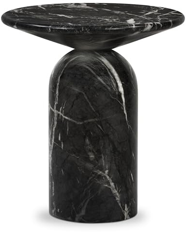 Poly & BARK Wels End Table – Reinforced Resin with Faux Marble Finish – Black – Modern Accent Table for Living Room or Bedroom – Round Side Table for Sofas, Lounge Chairs, or Reading Corners