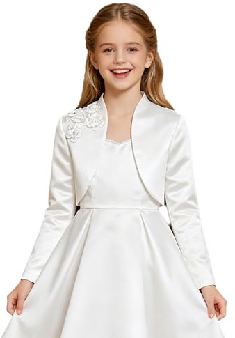 YiZYiF Ragazze Manica Lunga Bolero in Raso Estivo Giacca Coprispalla con Spilla Applique Cardigan Elegante Giacca Bianco 15-16 Anni