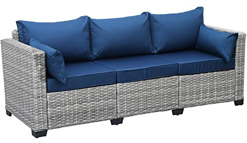Rattaner Outdoor Furniture Outdoor Couch Grey Wicker Patio Furniture 3-seat Sofa Deep Seat Hight Backrest with Waterproof Cover and Anti-Slip Cushions, Navy Blue