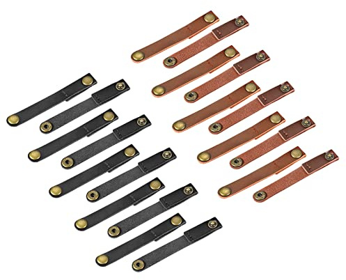 sourcing map Pack of 20 Leather Cable Straps Cable Ties, Cord Organizer, Portable Cable Management for USB Cables, Headphone Wires, Black/Light Brown
