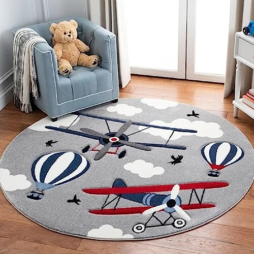 Sedefen Teppich Rund 120cm Kinderzimmer Jungen Flugzeug Grau Kinderteppich Waschmaschinenfest rutschfest Flauschig Teppich für Schlafzimmer Wohnzimmer
