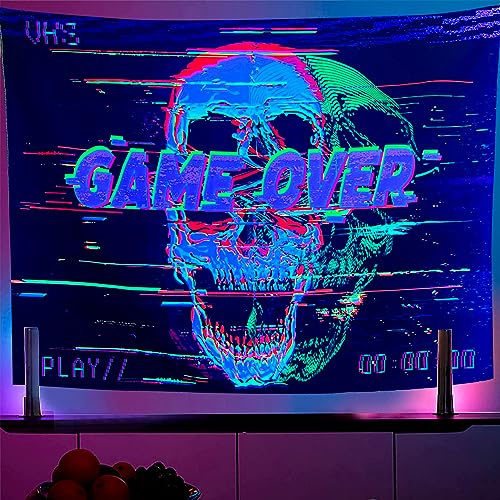 OSVINO Schwarzlicht Totenkopf Wandteppich 150X200CM UV-reaktiv GAME OVER Wandteppich Personalisierter Totenkopf Tapisserie für Spielhalle Schlafzimmer Wohnzimmer Wohnheim