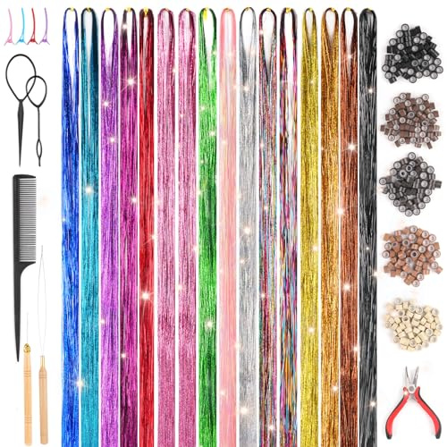 3200 Hair Tinsel,Haar Lametta mit Werkzeug,16 Farben Glitzer Haarsträhnen | 48 Inches Haarsträhnen zum Einflechten,Sparkle Tinsel Hair Extensions für Frauen Mädchen Kinder Cosplay Party Zubehör