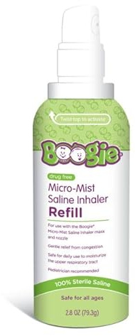 Boogie Micro-Mist Saline Inhaler Refill, Unscented, Baby Nose Congestion Relief, Nasal Spray for Kids, Pediatrician Recommended, Unscented, 2.8 oz (Pack of 1)