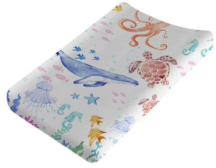 Sea Animals Baby Changing Pad Covers Ocean Animals Corals Sea Weeds Baby Nursery Diaper Changing Pad Sheets for Boys Girls Marine Soft Breathable Stretch Fitted Changing Mat Cover 32''x16''