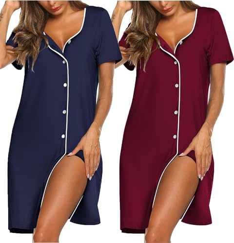 Ekouaer Nattlinne för kvinnor, 2-pack, kortärmad sovskjorta med knappslå sovskjorta, V-ringad sovskjorta, tvådelat nattkläder, storlek S–2XL, Mörkblå + vinröd Gp8, M