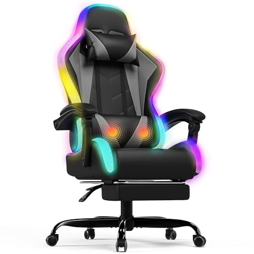 Devoko LED Gaming Chair with Footrest – Ergonomic Reclining Game Chair for Adults with Massage Lumbar Cushion, RGB Lights, High Back, Adjustable PC Gamer Chair, Grey