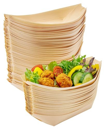 MATANA 200 Large Wooden Bamboo Boats for Appetizers & Finger Foods, 21x11cm - Disposable Bowls for Canape, Sushi, Snacks - Eco-Friendly & Biodegradable for Weddings, Birthdays, Parties