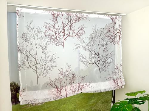 Devola Raffrollo Zweige Gardinen mit Druck Raffgardine Landhaus Rollos für Fenster Küchenvorhang Kurz Transparent Modern Fenstergardinen Wohnzimmer HxB 140x100cm Rot mit Klettband 1 Stück