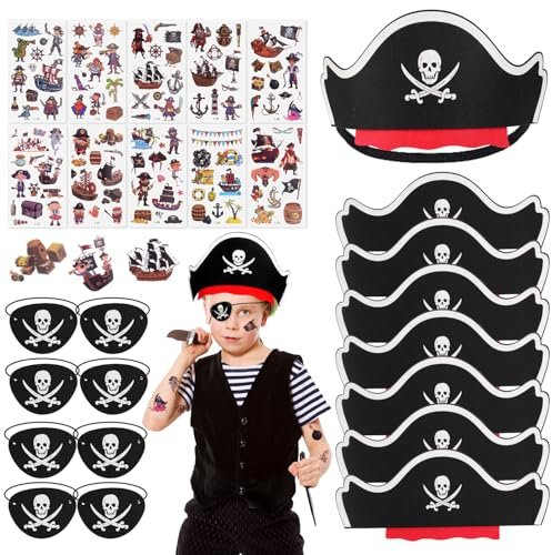 LFENYIGI Piraten Kindergeburtstag Deko, Piraten Augenklappe Kinder Set mit 8 pcs Piratenhut, 8 pcs Augenklappe Pirat, 10 pcs Pirat Tattoos Schädel für Piratenparty Geburtstag Halloween Maskerade
