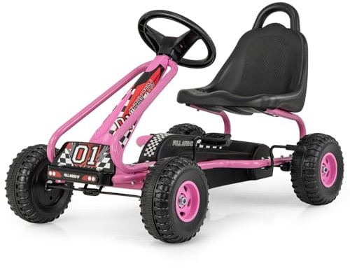 DREAMADE Gokart mit Handbremse & verstellbarem Sitz, Tretauto Tretfahrzeug mit geschlossenem Kettenkasten & Vor- und Rückwärtsgang, Pedal Go Cart für Kinder 3-6 Jahren, bis 30 kg belastbar (Rosa)