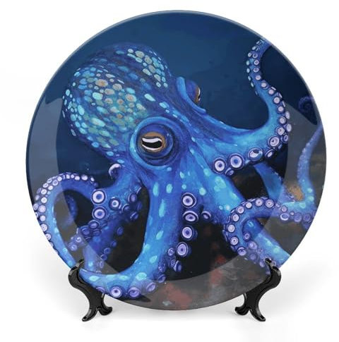 NWTRJ Blaue Oktopus-Keramik-Dekoteller, 15,2 cm, Knochenporzellan, dekorative Teller mit Präsentationsständer, handgefertigtes Keramik-Ornament für Zuhause, Küche, Schlafzimmer, dekorative Ornamente