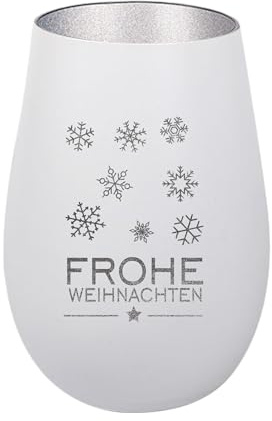 Der-Porzellan-Laden Windlicht mit Gravur Frohe Weihnachten Schneeflocken | Weiß Silber Teelichthalter Weihnachten aus Glas Weihnachtsdeko Tischdeko