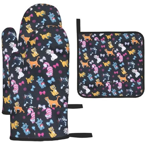 Set di guanti da forno e presine con stampa di gatti in stile cartone animato, guanti da ristorante, cucina, forno, microonde
