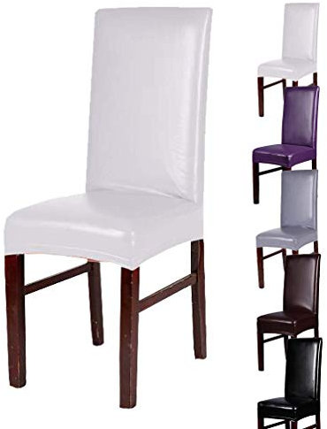 Stretch Leder Stuhlhussen 4er Set Wasserdicht und Ölbeständig Universal Sitzschoner für Esszimmerstühle Kunstleder Stuhlhussen in Weiß