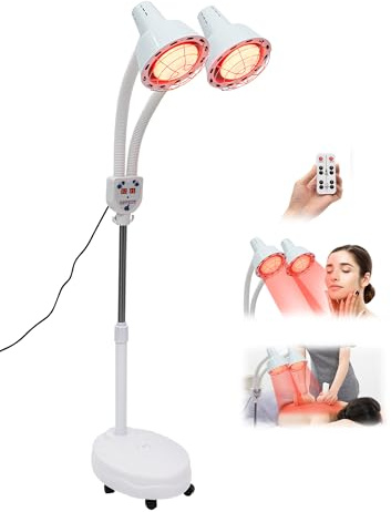 DIFU 275W Infrarotlampe Gesicht 360° Rotlichtlampe Gesicht mit Ständer & Räder & Fernsteuerung, Doppelkopf Wärmelampe Profi Rotlicht Therapie, Infrarotlampe Rücken Temperatur Einstellbar