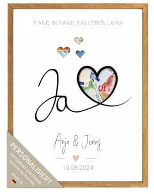 PuK Personalisiertes Geldgeschenk Hochzeit | Poster ausgestanzt zum Geld verschenken | Individuelles Hochzeitsgeschenk für Brautpaar Bilderrahmen | Love Poster Hochzeit A4 A3 personalisiert (Ja Herz)