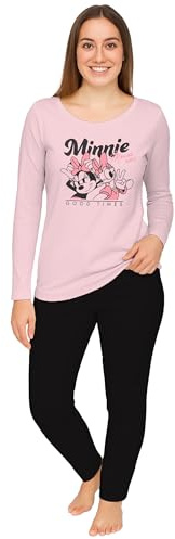 Disney Minnie Mouse Schlafanzug für Damen - Good Times Pyjama Set Langarm Oberteil mit Hose Rosa/Schwarz (DE/NL/SE/PL, Alphanumerisch, L, Regular, Regular, Rosa/Schwarz)