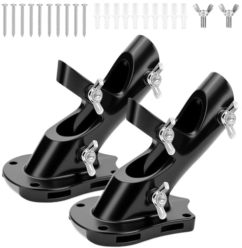 1 Flag Pole Holder for Outside House, REERON 2-Positions Metal Flagpole Brackets Mount, Aluminium Rustproof Flag Pole Wall Porch Mounting Bracket with 3 Fixed Holes & Steel Hardwares (Black-2 Pack)