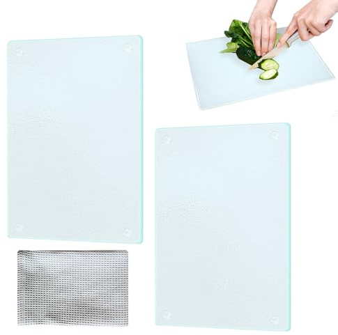 Hojalis 2PCS Tempered Glass Cutting Board with Rubber Feet, Glass Chopping Board with Scouring pad, Rectangle Non-Slip Chopping Board for Kitchen Countertop, Baking, Vegetables, Meat, (28 x 20 cm)