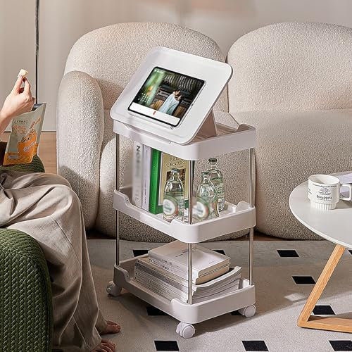 TRUNXUCL Support Tablette sur Pied et Chariot de Rangement 2 en 1, Support pour Téléphone, Tablette, Liseuse, Livre, Angle Réglable(White)