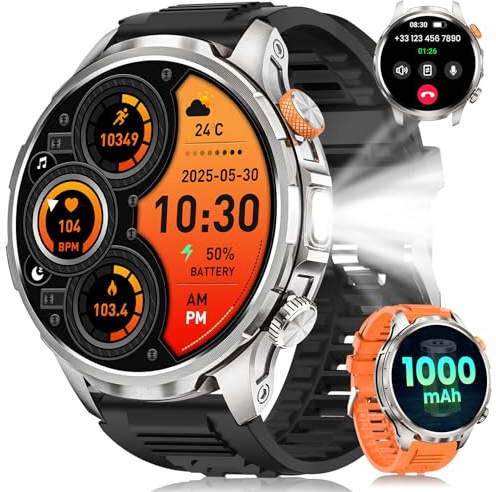 Montre Connectée Homme Militaire avec 1000mAh/LED Lampe/1,91 AMOLED Smartwatch Homme avec Appel Bluetooth/5ATM Étanche 110+ Modes Sportifs/Fréquence Cardiaque/SpO2/Suivi du Sommeil Android iOS Argent