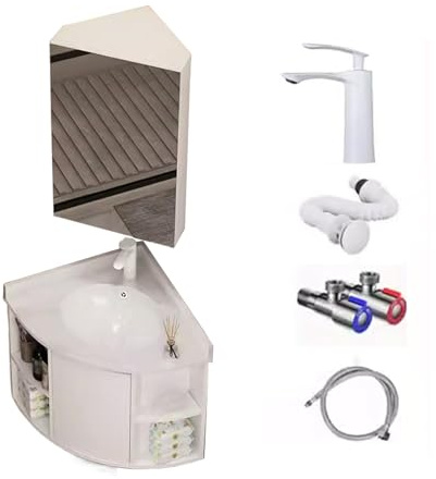 Mobiletto da Bagno Bianco con lavandino, mobiletto da Bagno con Specchio a Parete, Ripiani Senza giunture, rubinetti in Rame, Ampio Spazio di archiviazione, per Piccoli spazi, Bagno (50 cm)