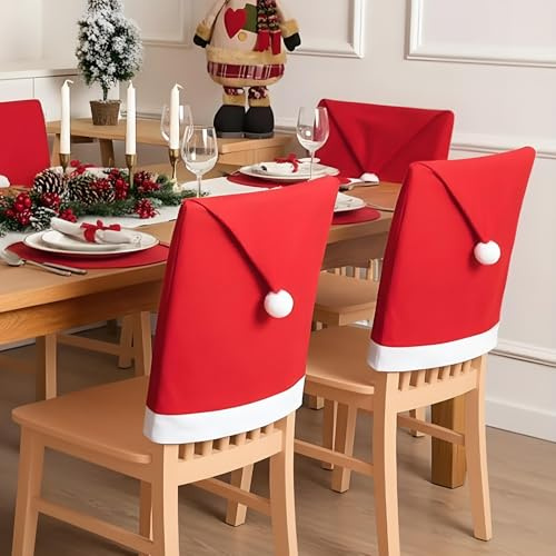 Stuhlhussen Weihnachten 6er Set, Nikolausmütze Stuhlbezug Husse, Abnehmbarer Abnehmbarer Christmas Chair Covers, Weihnachtsdekoration für Esszimmerstühle, Küche, Restaurant, Weihnachtsfeier, Neujahr