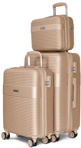 VOYAN Juego de Maletas Bio, Set de Trolley Rígido con Maleta de Cabina, Maleta Mediana y Neceser, Equipaje Ligero y Resistente con Cerradura de Seguridad y Ruedas Dobles 360°, Oro