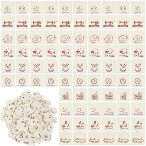 Elegaperma 300 Stück Handgefertigte Etiketten, Labels zum Annähen, Nähetiketten mit Handmade, Sew in Labels aus Baumwolle zum Basteln, Nähen und Verschenken