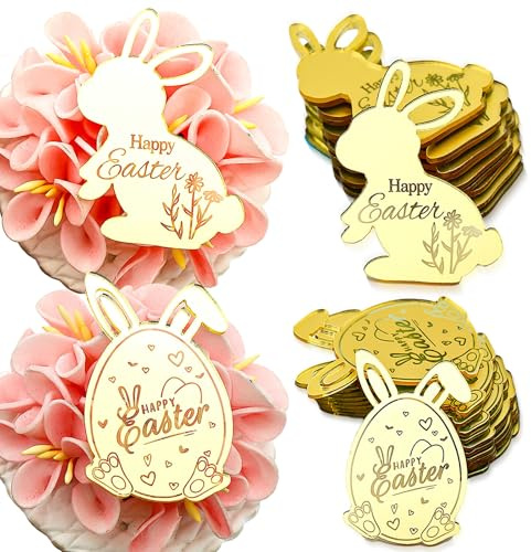 Happy Easter Bunny Cupcake Toppers, 12 Pieces Gold Mirror Acrylic Rabbit Ears Egg Cake Decorations for Easter Spring Theme Party Supplies