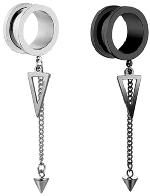 BWDHJLEY 2 dilatadores de oreja de acero inoxidable, aretes de calibre para hombre, color plateado, negro, redondo, con cadena y colgante triangular, túneles de perforación para mujer