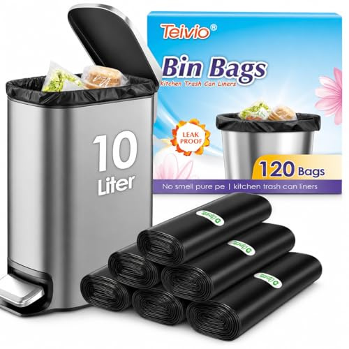 Teivio 10 Liter Small Bin Bags 120 Counts Pedal Bin Liners Thick Plastic Waste Bags for Bathroom, Kitchen, Office, Fit 7.5-10L Rubbish Bin, Black