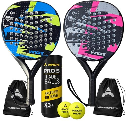 Ianoni Juego de iniciación de pala de pádel, 2 palas + 3 pelotas de pádel Pro S, jugadores principiantes e intermedios