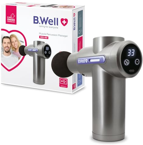 B.Well MED-450 Massagepistole | Tiefenmassage & Entspannung (1800 mAh) | Schweizer Qualitätsstandards: Tiefenmassage mit 33 Stufen, 4 Aufsätzen, Abschaltautomatik und USB-C.